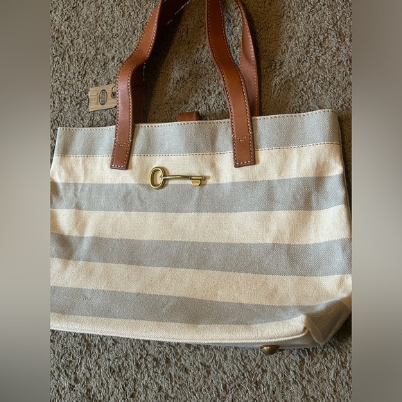 NWT Austin Shopper Gray Stripe Women’s Tote Shoulder Bag Cow Hide Leather Brass - Picture 7 of 12